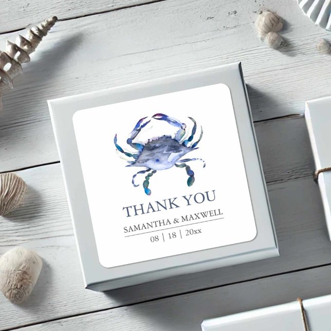 Beach Wedding Blue Crab Thank You Favour Square Sticker (Beach wedding favor stickers watercolor blue crab art by Victoria Grigaliunas of Do Tell A Belle)