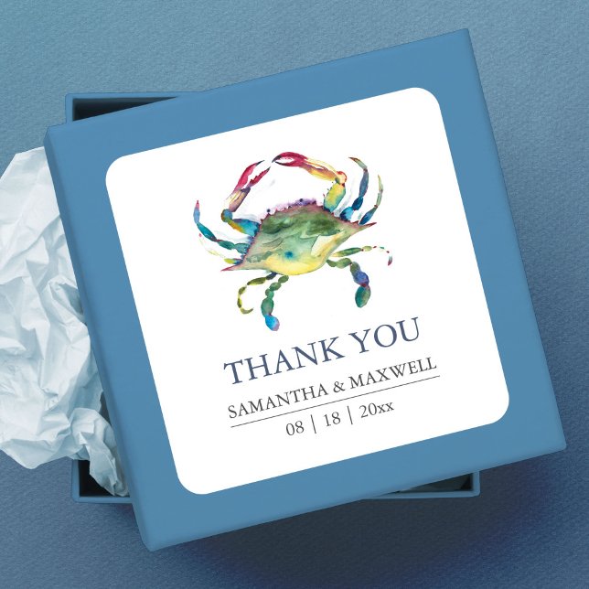 Beach Wedding Blue Crab Thank You Favour Square Sticker (Thank You Favor Square Sticker Beach Wedding Blue Crab art by Victoria Grigaliunas)