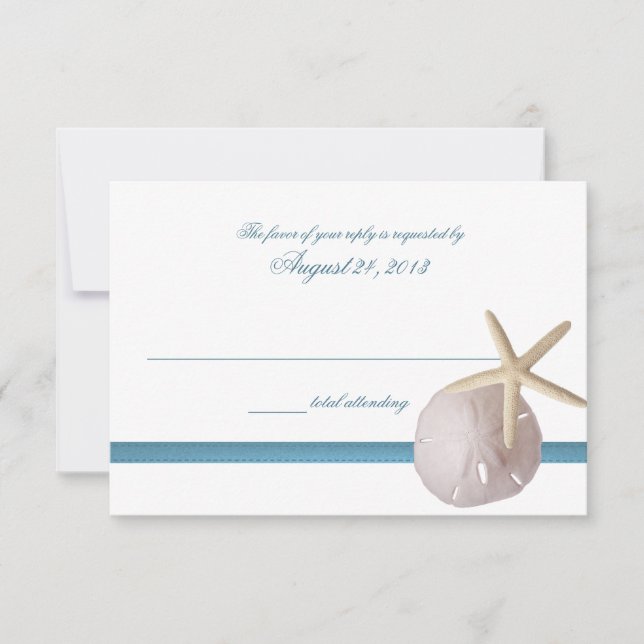 Beach Wedding Blue with Sand Dollar and Starfish RSVP Card (Front)