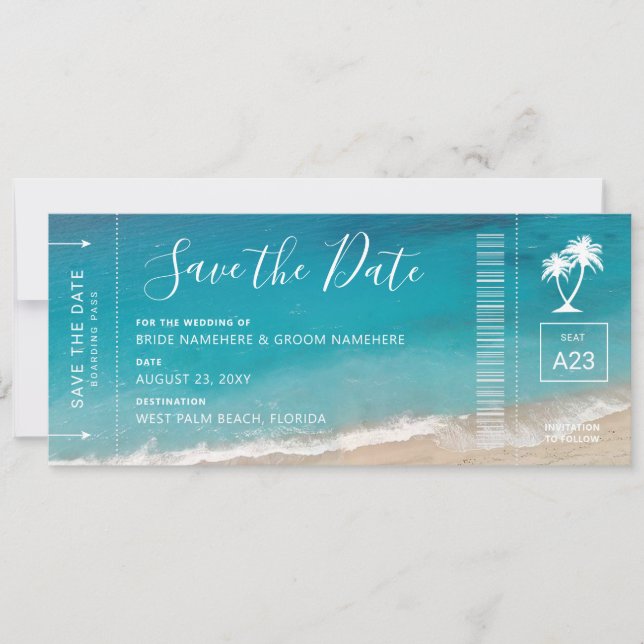 Beach Wedding Boarding Pass Moody Teal Ocean Photo Save The Date (Front)