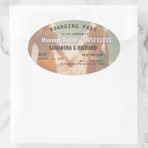 Beach Wedding Boarding Pass Romantic Oval Sticker