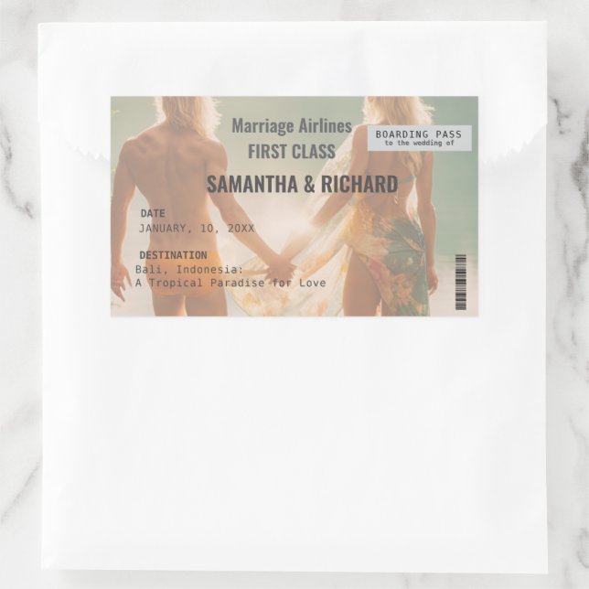 Beach Wedding Boarding Pass Romantic  Rectangular Sticker (Bag)