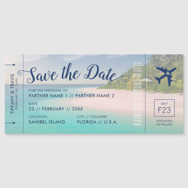Beach Wedding Boarding Pass Save the Date Magnet (Front)