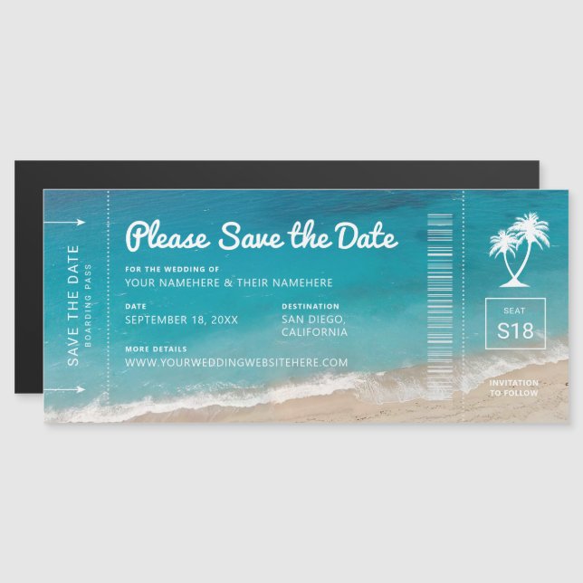 Beach Wedding Boarding Pass Save the Date Magnetic (Front/Back)