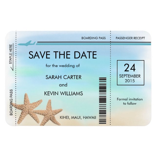 Beach Wedding Boarding Pass Save the Date Magnets (Horizontal)