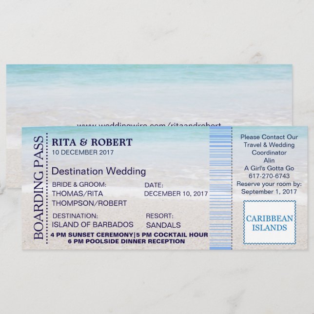 Beach Wedding | Boarding Pass Ticket-Destination Invitation (Front/Back)