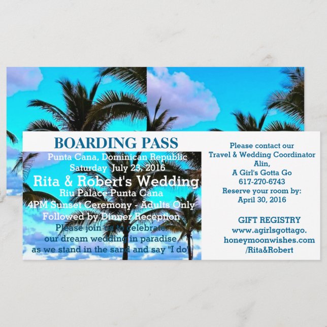 Beach Wedding | Boarding Pass Ticket-Destination Invitation (Front/Back)