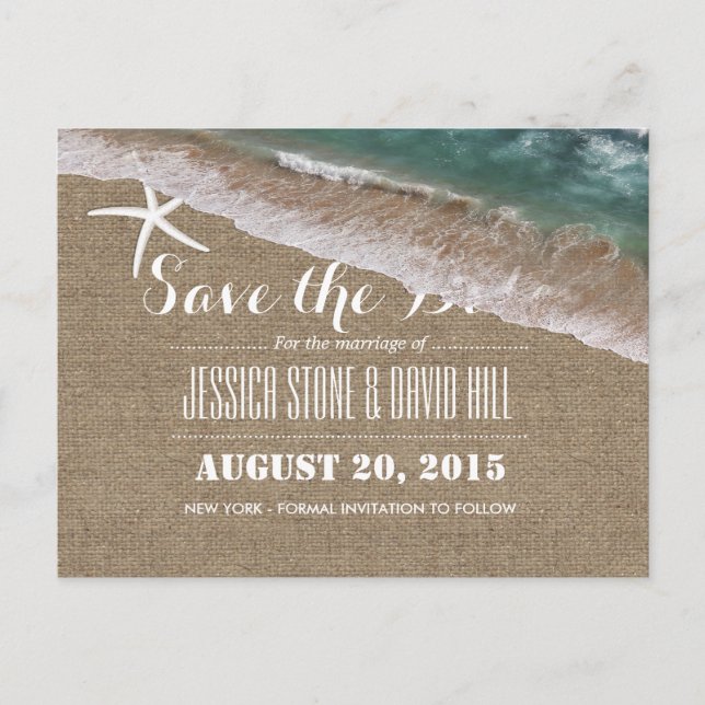 Beach Wedding Burlap & Starfish Save the Date Announcement Postcard (Front)