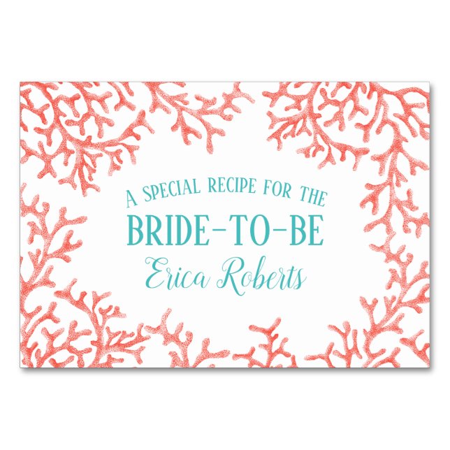 Beach Wedding Coral Reef Bridal Shower Recipe Table Number (Front)