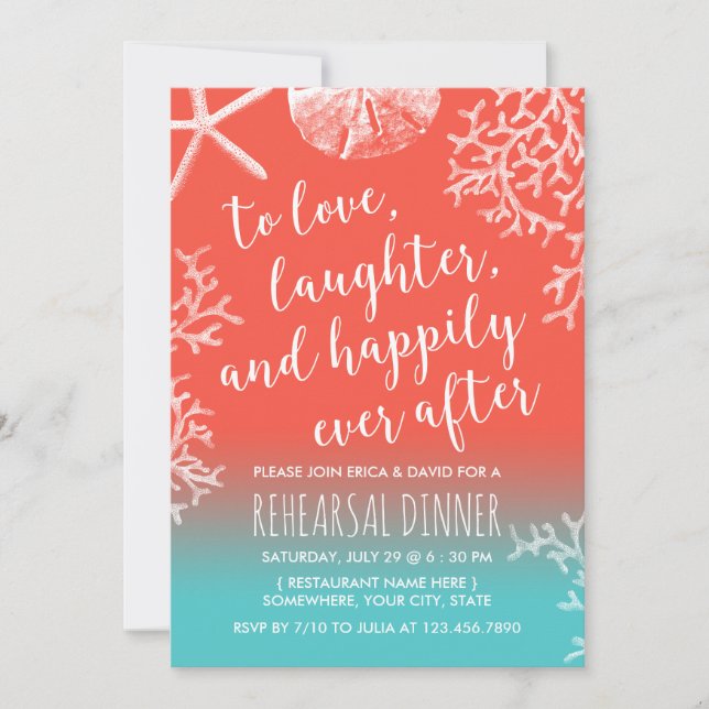 Beach Wedding Coral Reef Starfish Rehearsal Dinner Invitation (Front)