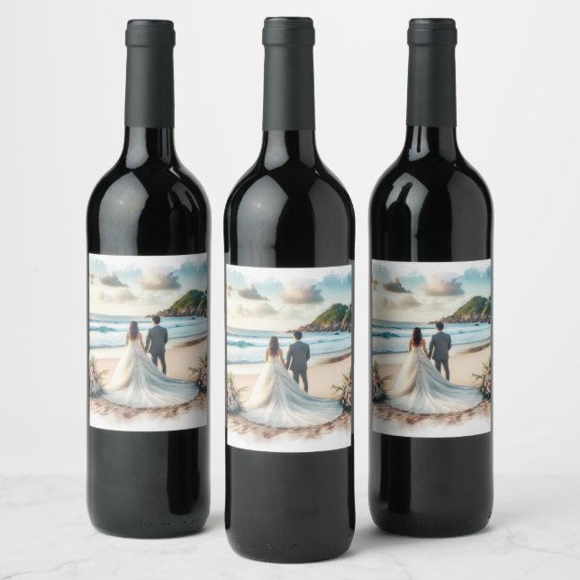 Beach Wedding Couple Wine Label (Bottles)
