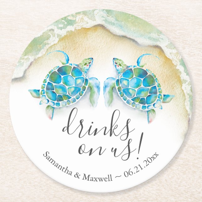 Beach Wedding Custom Drink Coasters Sea Turtles (Front)
