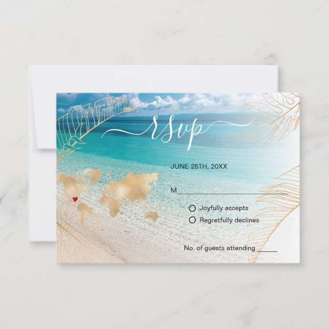 Beach Wedding Destination Passport Gold World Map RSVP Card (Front)