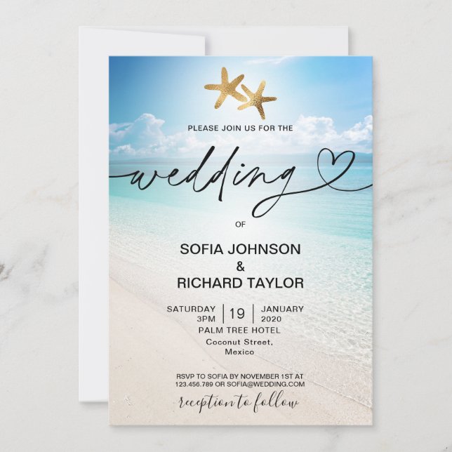 beach wedding destination tropical starfish sea invitation (Front)