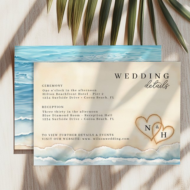 Beach Wedding Details Card with Watercolor Hearts (Wedding Details Enclosure Card)