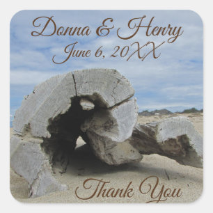 Beach Wedding Driftwood Photo Thank You Square Sticker
