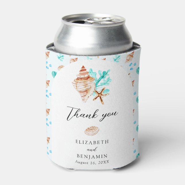 Beach Wedding Elegant Coastal Seashell Thank you  Can Cooler (Can Front)