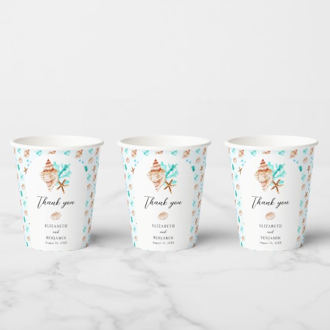 Beach Wedding Elegant Coastal Seashell Thank you  Paper Cups (Multi)