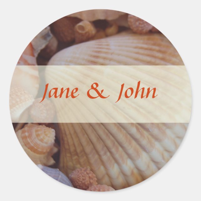 Beach Wedding Envelope Seals:  Multiple Seashells Classic Round Sticker (Front)