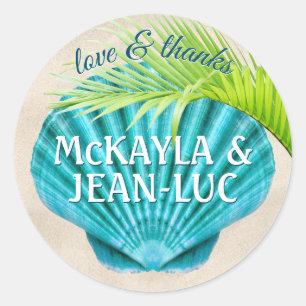 Beach Wedding Favour Love & Thanks Shell Palm Leaf Classic Round Sticker