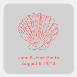 Beach Wedding Favour Stickers: Scallop on Grey Square Sticker