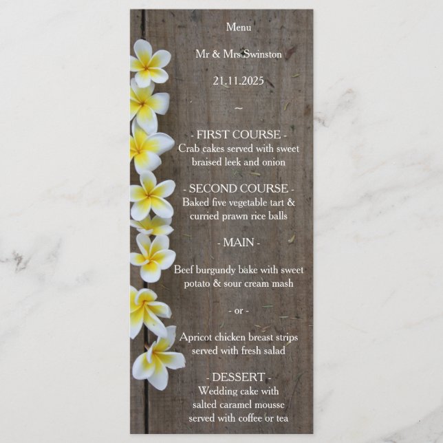 Beach Wedding Frangipani / Plumeria Rustic Menu (Front)