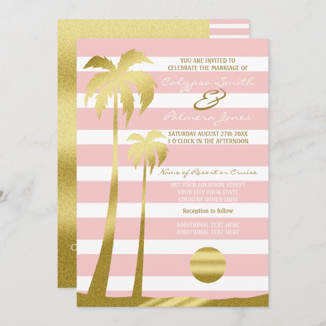 Beach Wedding Gold Glitter Palm Trees Pink Stripes Invitation (Front/Back)