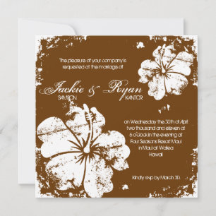 Beach Wedding Grunge Hibiscus Chocolate Brown Invitation