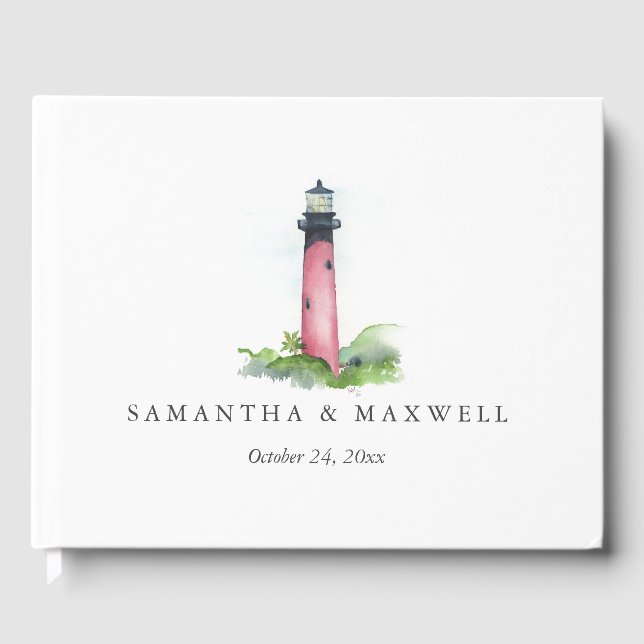 Beach Wedding Guest Book Watercolor Lighthouse (Front)