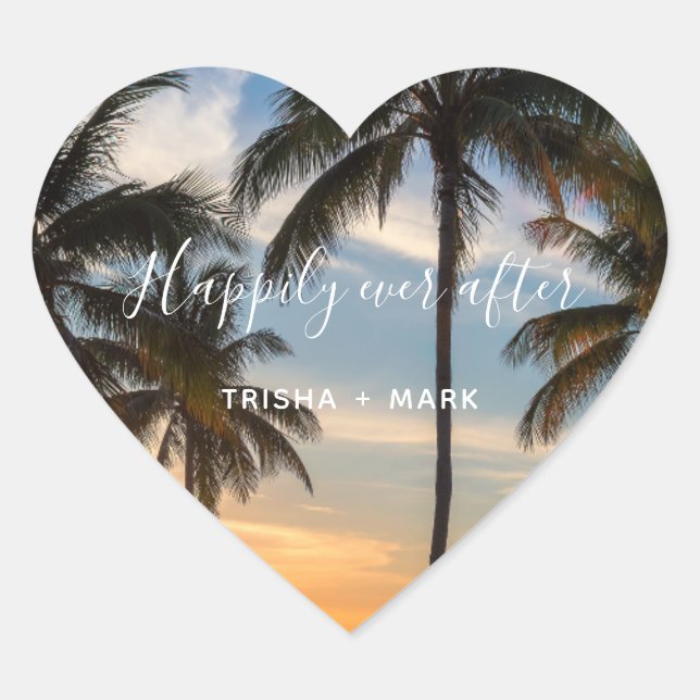 Beach Wedding Happily Ever After Palm Tree Favour Heart Sticker (Front)