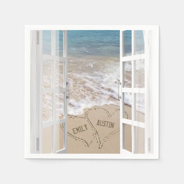 Beach Wedding Hearts in Open Window  Napkin (Front)