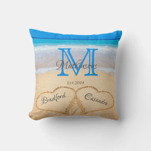  Beach Wedding Hearts in Sand Family Monogram Cushion