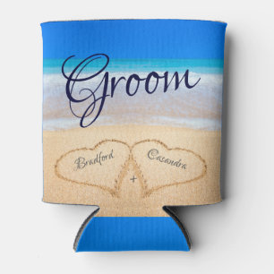 Beach Wedding Hearts in Sand Groom  Can Cooler