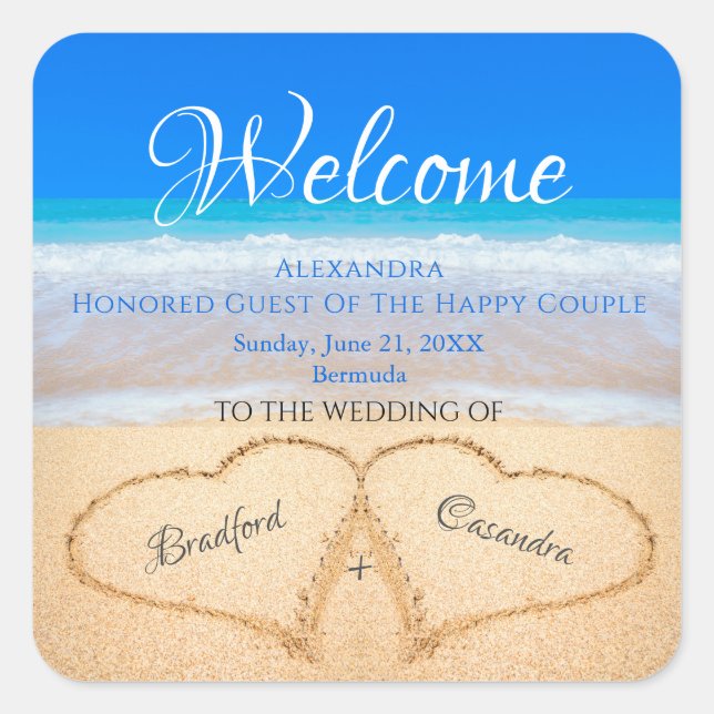  Beach Wedding Hearts in Sand Welcome Keepsake Square Sticker (Front)