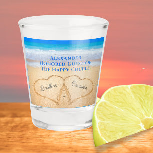 Beach Wedding Hearts in Sand Welcome Shot Glass