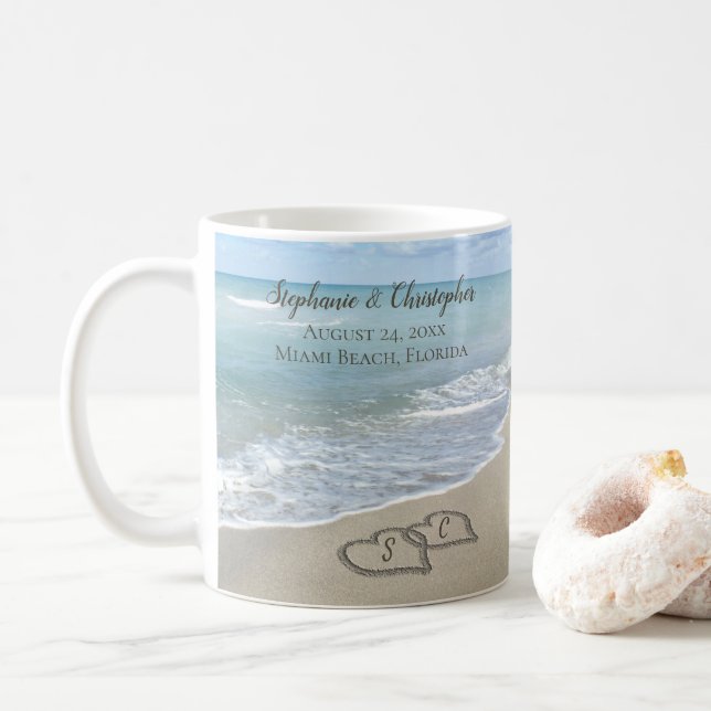 Beach Wedding Hearts in the Sand Elegant Coffee Mug (With Donut)