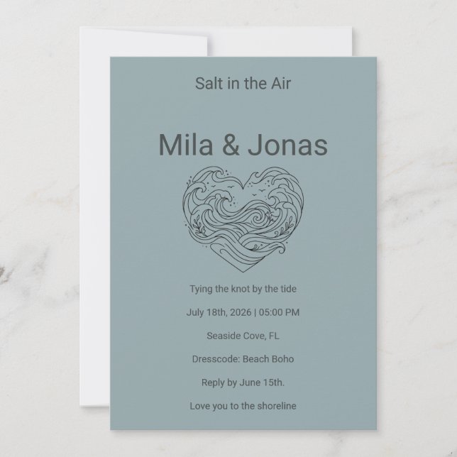 Beach Wedding Invitation Coastal Boho Waves (Front)