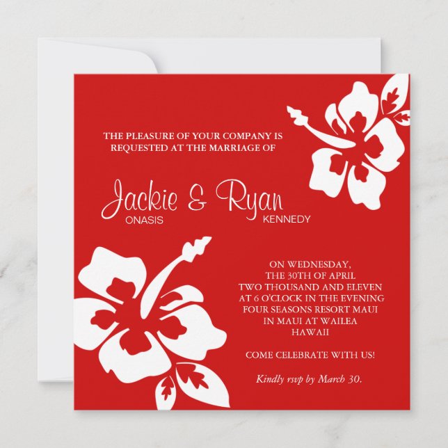 Beach Wedding Invitation Hibiscus Flower Red (Front)