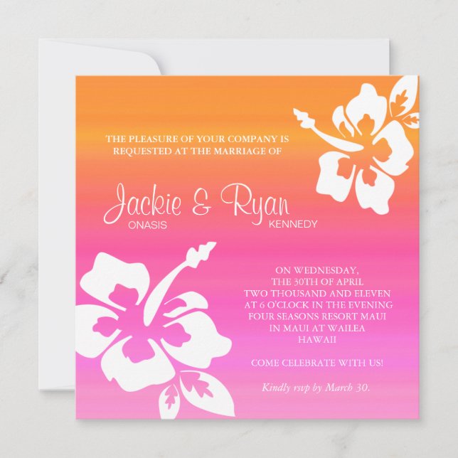 Beach Wedding Invitation Hibiscus Pink Orange (Front)