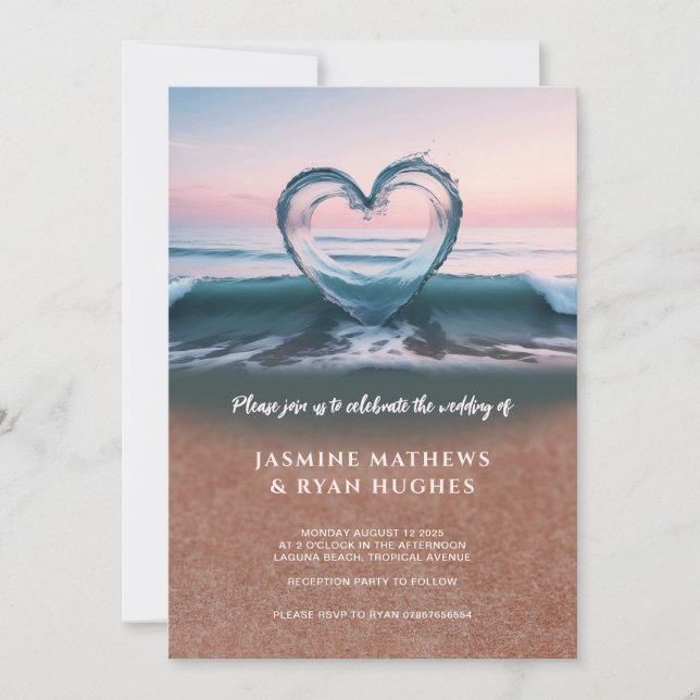 Beach wedding invitation, love heart invitation (Front)
