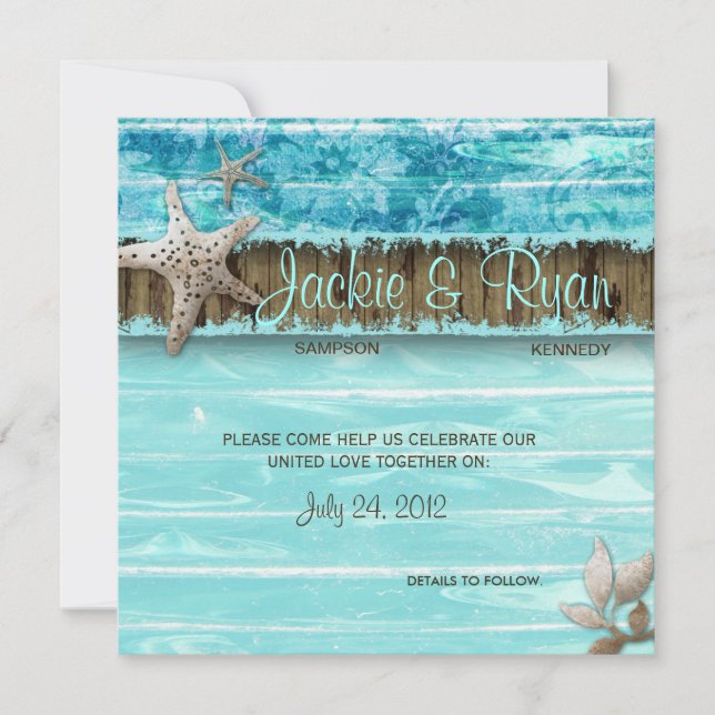Beach Wedding Invitation Seashell Blue (Front)