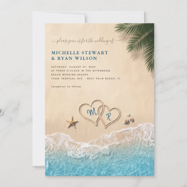 Beach Wedding Invitation with Sand Heart Design (Front)