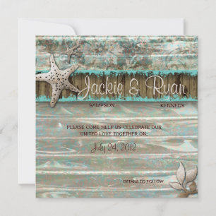 Beach Wedding Invite Seashell Blue Vintage Wood