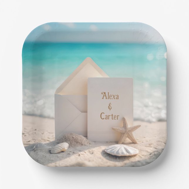 Beach Wedding Invite With Starfish Paper Plate (Front)