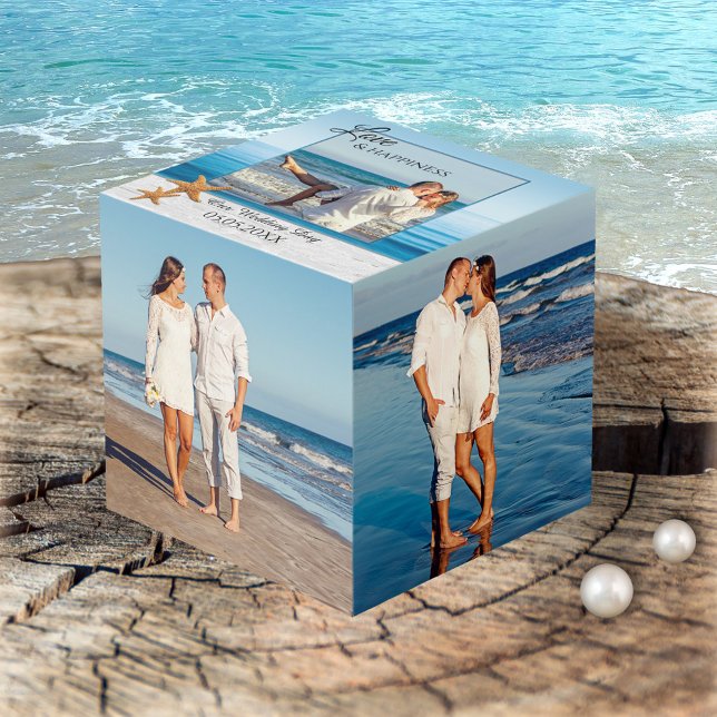Beach Wedding Keepsake Photo Cube (Photo cube with 5 custom photos. On the top side your image with a beach and lace on white wood)