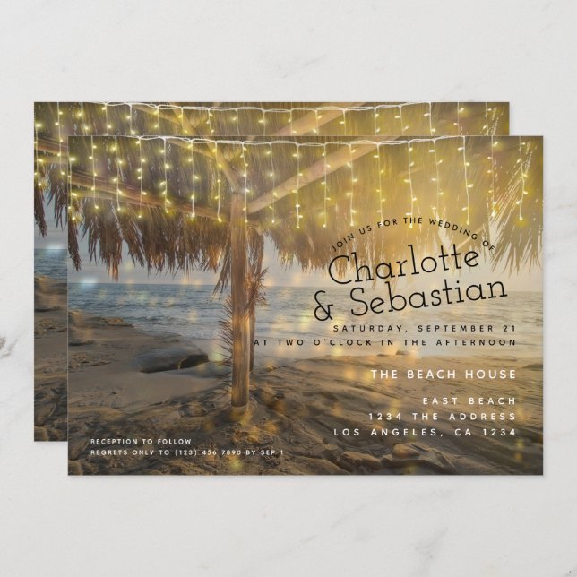 Beach Wedding Light String Personalised Invitation (Front/Back)