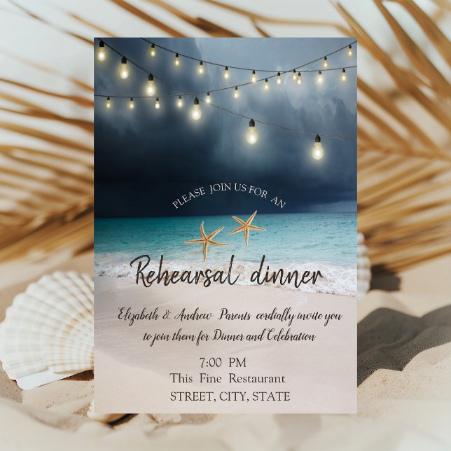 Beach Wedding, Lights Seashell Rehearsal Dinner Invitation (Creator Uploaded)