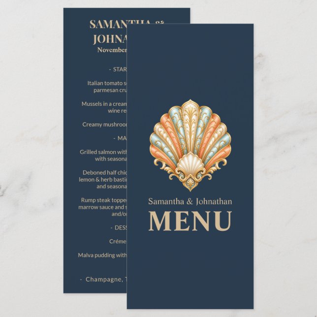 Beach wedding menu luxury clam shell (Front/Back)