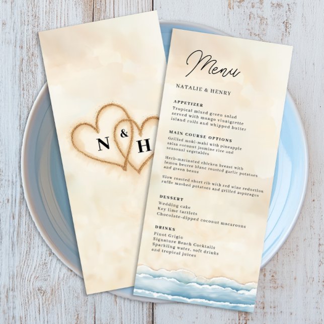 Beach Wedding Menu Template with Watercolor Ocean (Beach Wedding Menu)