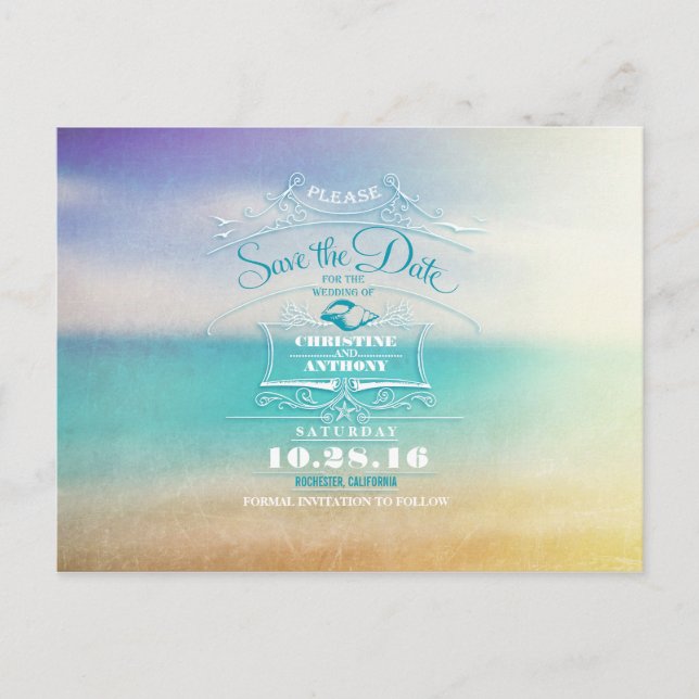 Beach wedding modern save the date postcards (Front)